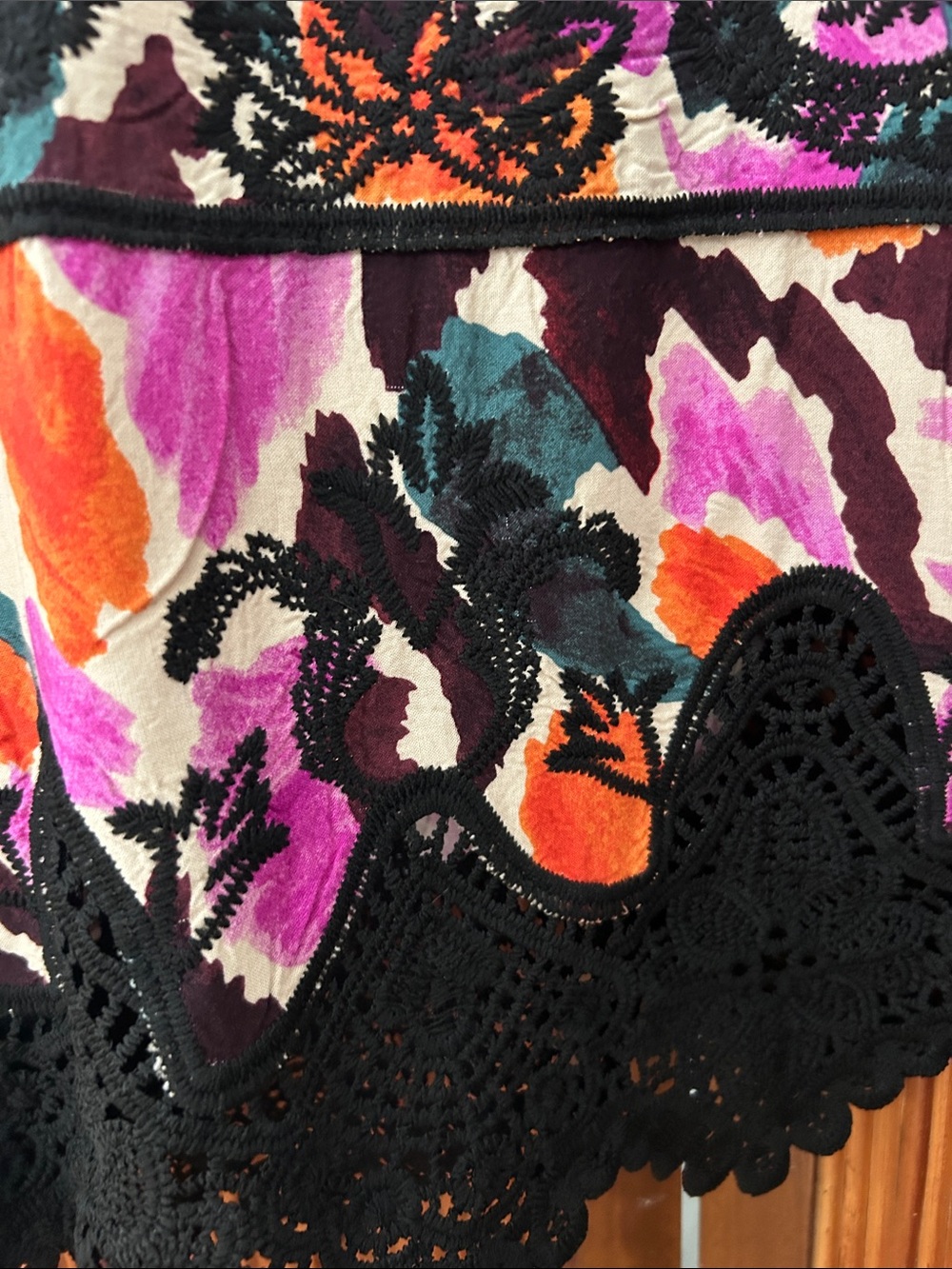 Democracy Floral V-Neck Tunic with Black Crochet Trim in Purple, Orange & Green - Picture 7 of 16